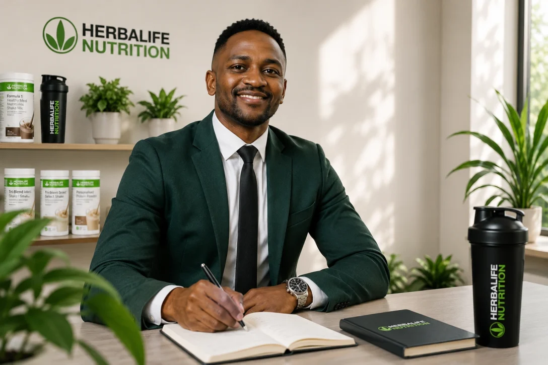 Coach Foster discussing the Herbalife Business Opportunity in a modern office with Herbalife Nutrition products and branded accessories.