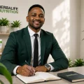 Coach Foster discussing the Herbalife Business Opportunity in a modern office with Herbalife Nutrition products and branded accessories.