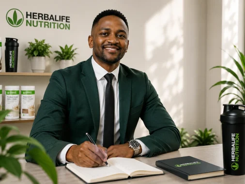 Coach Foster discussing the Herbalife Business Opportunity in a modern office with Herbalife Nutrition products and branded accessories.