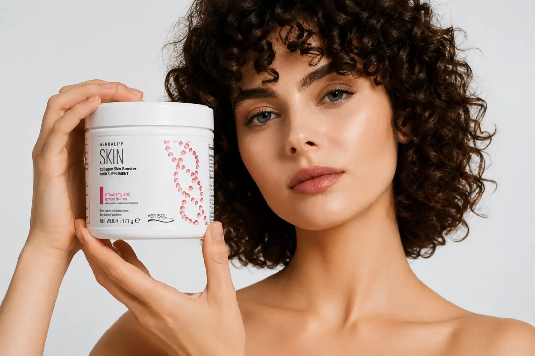 Woman holding Herbalife Skin Collagen Beauty Booster supplement for healthier-looking skin