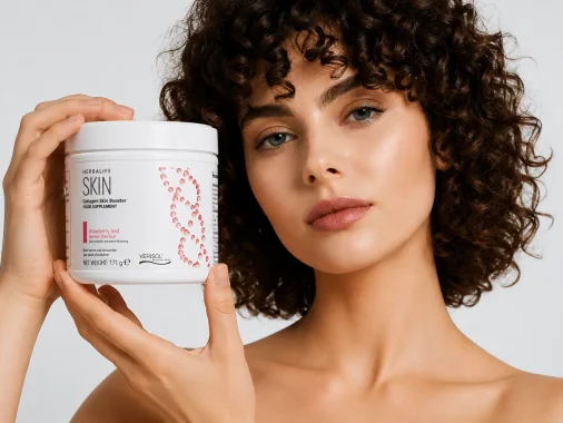 Woman holding Herbalife Skin Collagen Beauty Booster supplement for healthier-looking skin