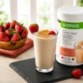 Herbalife Formula 1 Healthy Meal nutritional shake in Strawberry Cheesecake flavor with a freshly prepared shake and strawberries.