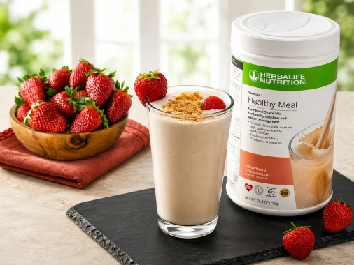 Herbalife Formula 1 Healthy Meal nutritional shake in Strawberry Cheesecake flavor with a freshly prepared shake and strawberries.