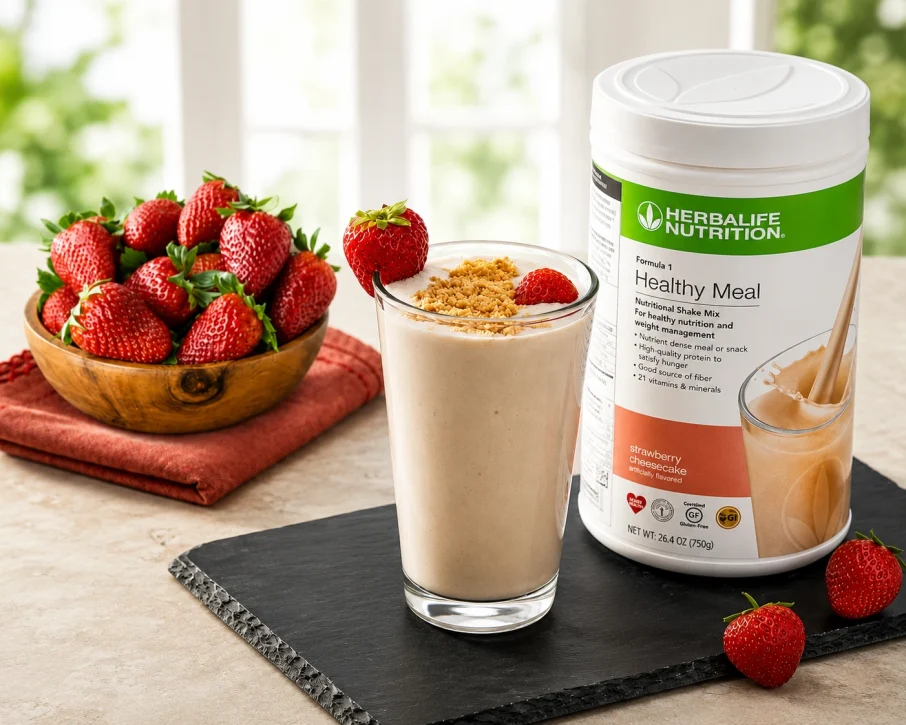 Herbalife Formula 1 Healthy Meal nutritional shake in Strawberry Cheesecake flavor with a freshly prepared shake and strawberries.