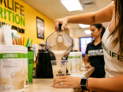 Herbalife Nutrition Club staff preparing a Formula 1 protein shake in a modern wellness cafe.