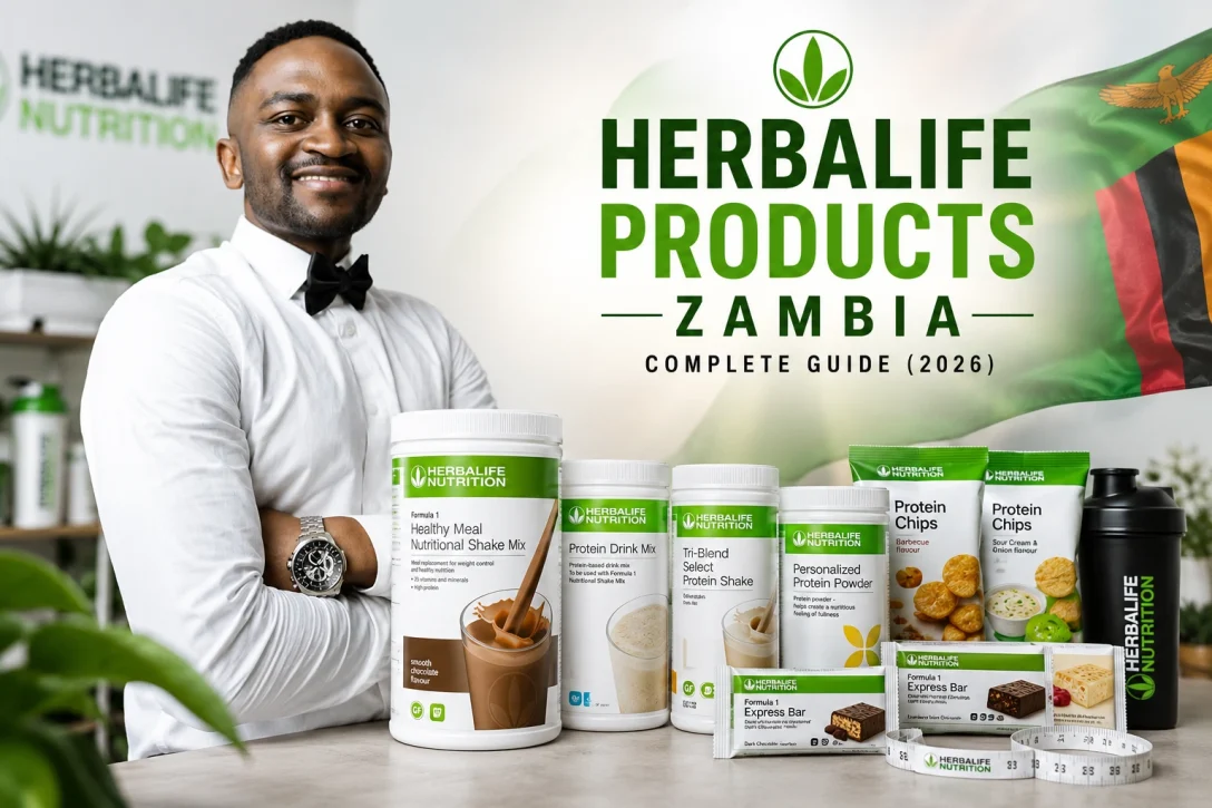Coach Foster in premium activewear with Herbalife products available in Zambia, including Formula 1 Healthy Meal Shake, Protein Drink Mix, Tri-Blend Select Protein Shake and Protein Chips.