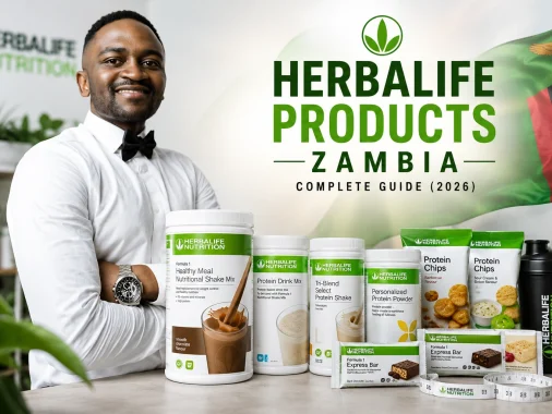 Coach Foster in premium activewear with Herbalife products available in Zambia, including Formula 1 Healthy Meal Shake, Protein Drink Mix, Tri-Blend Select Protein Shake and Protein Chips.