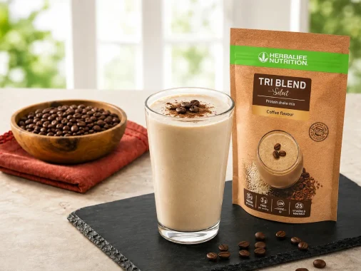 Herbalife Tri Blend Select Coffee Flavour protein shake with coffee beans and plant-based protein pouch