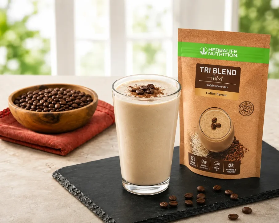 Herbalife Tri Blend Select Coffee Flavour protein shake with coffee beans and plant-based protein pouch