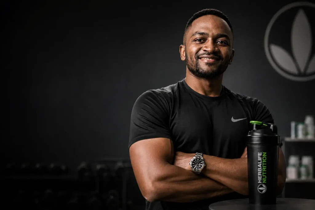 Herbalife Zambia Prices 2026 featuring Coach Foster with Herbalife shaker in a premium fitness studio