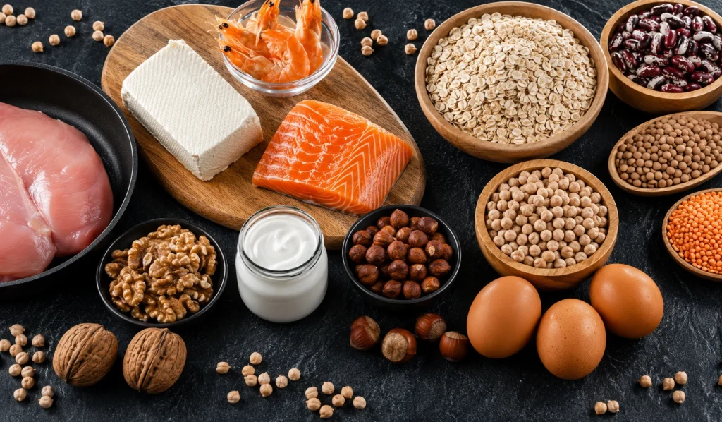 Overhead view of high-protein foods including salmon, chicken breast, eggs, tofu, shrimp, yogurt, oats, chickpeas, lentils, beans, walnuts, and hazelnuts on a dark background.