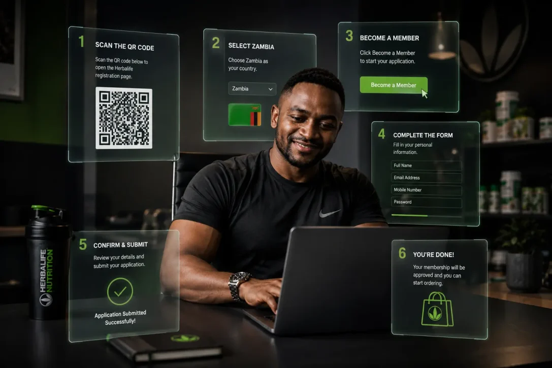 Coach Foster using a laptop to demonstrate the step-by-step Herbalife Zambia online registration process with visual registration screens.