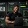 Coach Foster using a laptop to demonstrate the step-by-step Herbalife Zambia online registration process with visual registration screens.