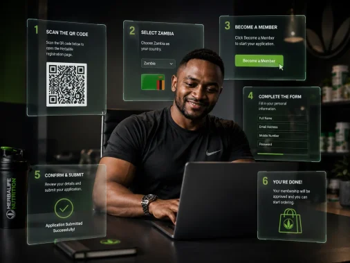Coach Foster using a laptop to demonstrate the step-by-step Herbalife Zambia online registration process with visual registration screens.
