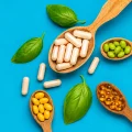 Flat lay of vegan multivitamin capsules, softgels, and plant-based supplements in wooden spoons with fresh green leaves on a blue background.