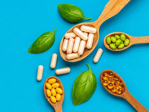 Flat lay of vegan multivitamin capsules, softgels, and plant-based supplements in wooden spoons with fresh green leaves on a blue background.