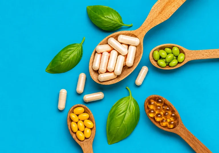 Flat lay of vegan multivitamin capsules, softgels, and plant-based supplements in wooden spoons with fresh green leaves on a blue background.